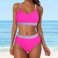 Bikinis moterims Aukštas juosmuo Sportiškas dviejų dalių maudymosi kostiumas Spalvų blokas Iškirptas maudymosi kostiumas Palaikantis didelę krūtinę Bikiniai S mėlyna