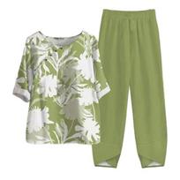 2 Pcs/Set Women Top Pants Set Retro Leaf Print Wide Leg Elastic Waist XL šviesiai žalios spalvos
