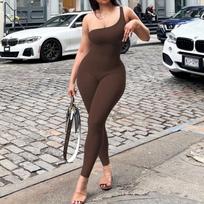 One Shoulder Strap Sleeveless Sexy Jumpsuit Women Solid Skinny Casual Streetwear Bodysuit Female Simple Design Fashion Sport Romper L pilka