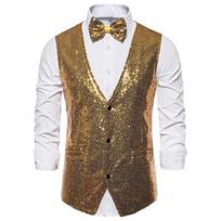 Men Vest Bow Set Shiny Sequin Sleeveless SLim Fit Cardiagn Single-breasted V Neck XL auksinė