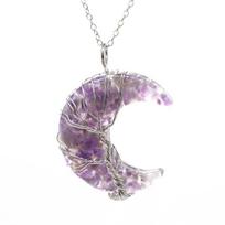 Chakela Natural Crystal Crushed Stone Wire-Wrapped Crescent Moon Tree of Life Pendant Necklace.