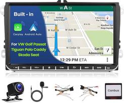 "Inefala" automobilinis radijas, skirtas "VW Golf 5 6 Passat Tiguan Polo Caddy Skoda Seat", "Android 15 2G + 64G", "Wireless Carplay" ir "Android Car", 9 colių radijo imtuvas 2 DIN su GPS/WiFi/Bluetooth/USB/RDS/FM mikrofonu, atbuline eiga