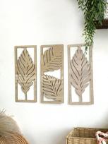 3 vnt. Medinės meno sienos dekoras Boho lapo ženklas Sienos akcentas Rustic palmių lapo medinė sieninė skulptūra Vintage tropinio augalo dekoras