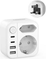 TESSAN adapteris Anglija Vokietija kištukas su 1 jungikliu, Anglijos lizdo adapteris su 2 USB C ir 2 USB A, kelioninis adapteris UK, skirtas kelionei iš Vokietijos į JK, Airiją, Londoną, Škotiją (G tipas)