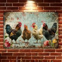 Vintažinis metalinis vištukų sienos meno ženklas – Rustic geležies dekoras su spalvingomis vištukomis ir gėlių dizainu, 30,48x20,32 cm, Vidui/Laukiui U 20x30cm（7.8x11.8inch）