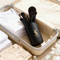 YSL Makiažo Šepetėlių Rinkinys su Auksu Reljefiniu Spaudiniu Laikymo Dėžute - Profesionali Makiažo Pagrindo, Skaistalų ir Birios Pudros Šepetėlių Rinkinys juoda