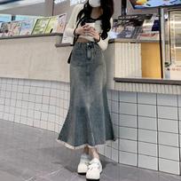 Elegant Vintage Women Raw Edge Mid-Length Skirt High Waist Slim A-line Fishtail Package Hip Summer Versatile Comfortable Fashion Denim Bustier Skirt XXL džinsas