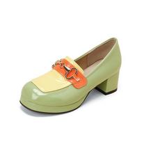 Fashion Platform Heel Loafer Shoes for Women Lolita Bow Contrast Color Pumps Women Chunky Heel Slip-on Leather Shoes Tide Golden Buckle 35 žalia