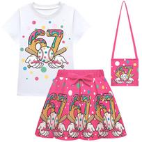 Kids Girls Steal a Brainrot 67 Print Sets Short Sleeves T-Shirt Skirt Bag Clothes Set 100cm rožinė raudona spalva
