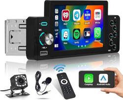 "Hikity" automobilinis radijas 1 DIN "Apple Carplay" su ekranu "Android" automobilinis radijas su "Bluetooth" laisvų rankų įranga 5 colių jutiklinio ekrano automobilinis radijas su FM/EQ SWC Type-C/AUX/USB + atbulinės eigos kamera