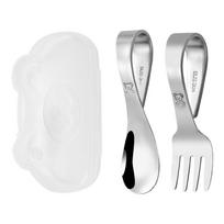 Stainless Steel Baby Forks and Spoons Set Curved Handle with Storage Box Cute Training Spoon Fork Anti-Choke Design Portable sidabras