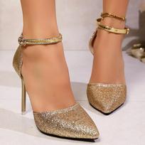 Fashion Super High Heels Gold Glitter Party Wedding Shoes Woman Sexy Pointed Toe Ankle Strap Pumps Women 2025 Stiletto Heeled Sandals 36 auksas