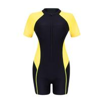 New Color-blocked Short-sleeved Conservative One-piece Swimsuit Women's Foreign Trade European and American Tight-fitting Boxer Zipper Swimsuit XS