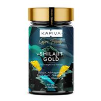 Kapiva Shilajit Gold 60 kapsulių su 24 karatų auksu ištvermei, energijai, raumenų augimui. Ajurvedinis