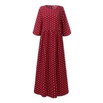 Moteriška maxi suknelė su taškeliais, kasdieninė, trumpomis rankovėmis, laisvai krintanti, ilga, vasarinė, apvaliu kaklu, boho stiliaus, platėjanti, saulės suknelė M vyno raudonos spalvos