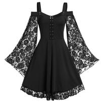 Vintage Lace One-Shoulder Trumpet Sleeve Dress S juoda