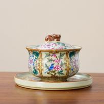 Ru Kiln Gaiwan Tea Set 180ml, Ruyi Floral Ceramic Tea Bowl with Lid and Saucer 180ML