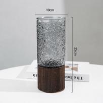 Mid-Century Style High-End Glass Vase with Wood Base for Fresh Flowers, Large Caliber Hydroponic Ornament, Free Shipping. Vase