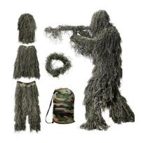 5 vnt./rinkinys Ghillie kostiumas su striuke, kelnėmis, gobtuvu, girlianda, nešiojimo krepšiu 3D kamufliažas Medžioklei S žalia