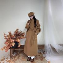 Stand Collar, Tie Waist, Double-sided Cashmere Coat for Women, Autumn and Winter Korean Style Long Knee-length Loose Woolen Coat S