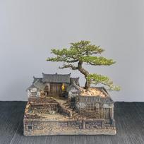Kaimiškas dervos bonsai medžio vazonas su geometriniu dizainu   (Tik aksesuaras, augalų nėra) Old House 2