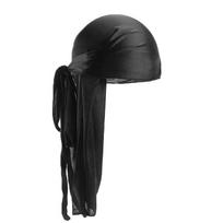 Unisex ilgas šilkinis Durag su ilgu galu Šilkinis šalikas Musulmoniškas Doo Rag Pirato skrybėlė Durag Chemo kepuraitės Kaukolės kepurė Turbanas plaukų juosta Bandanos juoda