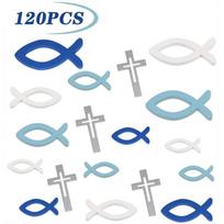 120 vnt/komplektas Tuščiaviduris medinis žuvies kryžiaus krikštynų papuošimas Komunijos stalo puošmena Blue and white fish set