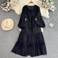Vienspalvė šventinė V formos iškirptė kasdieniška saldi moterų mada elegantiška A silueto vakarėlio moteriška prašmatni vestido žibintuvėlių rankovėmis bohemiška žalia suknelė One Size juoda