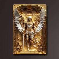 2D  Auksinis Arkangelas Mykolas  Kvadratinė Metalinė Sienų Dailė - Universalus Dekoras Namams, Barui, Virtuvei ir Sodybai - Patvarus Metalinis Ženklas 20x30cm（7.8x11.8inch）