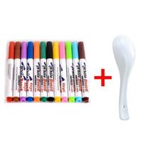 Magic Floating Watercolor Pen, 12 Color Washable Whiteboard Pen, Children's Puzzle Drawing Water Floating Pen Set 12 Pcs with Spoon
