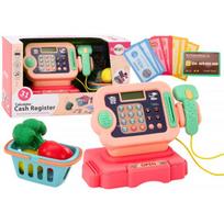 LEAN Toys Kasos aparatas, mokymasis skaičiuoti monetas, pirkinių vežimėlis, šviesos, garsai, rožinis