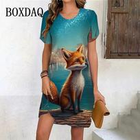 Vintage Fox Pattern Print Dresses Women Oversized Clothing Summer Female Short Sleeve Mini Dress S