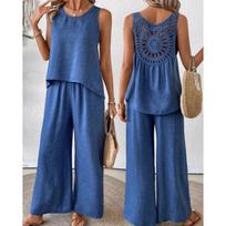 Khaki Sleeveless Wide Leg Lounge Set with Back Cutout Detail S mėlyna