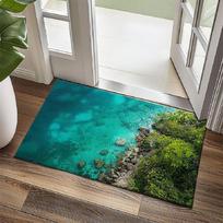 Paplūdimio vaizdo grindų kilimėlis Vasariniai kokoso medžiai Vandenynas Neslystantis kilimas svetainei, miegamajam, prieškambariui, lauko įėjimui durų kilimėlis 40x60cm 16x24inch raudona