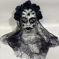 Masquerade Mask, Halloween Horror Spooky Cosplay Face Mask with Black Veil & Flower Decor juoda