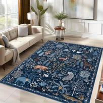 Enchanted Forest Blue Area Mat, Non-Slip & Machine Washable, Fairy Tale Design with Animals & Plants, Area Rugs Living Room 40x60cm