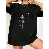 Oversized T Shirt Black Dandelion And Butterflies Print Casual Wear S juoda