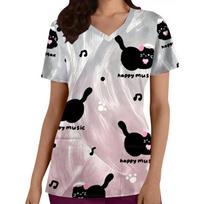 Surgical Uniform Woman Cute Cat Pattern Print V-Neck Short Sleeve Nurse Uniform Tops Comfortable with Pockets Medical Clothes S