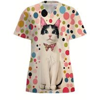 Veterinary Cat Cartoon Print Medical Uniforms Woman Fashion V-Neck Pocket Healthcare Scrub Leisure Dentist Uniform Nurse Woman S