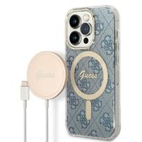 GUESS iPhone 14 Pro Case, compatible with MagSafe, GUBPP14LH4EACSB (Bundle Pack / Case + Charger / 4G), gold blue