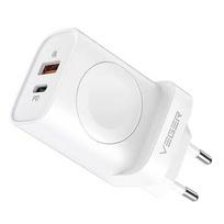 VEGER USB A + Type C + wireless charger travel adapter, compatible with Apple Watch, PD QC3.0 3A 25W, white