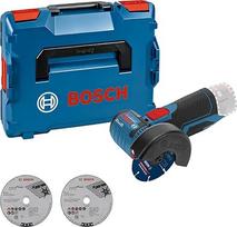 "Bosch" profesionalus 12V akumuliatorinis kampinis šlifuoklis (3 pjovimo diskai, be akumuliatorių ir įkroviklio, "L-Boxx" dėžutėje), juodas, mėlynas, raudonas, diskų skersmuo: 76 mm.
