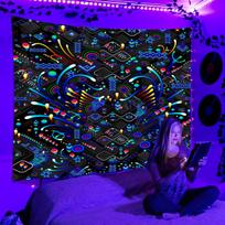 Black Light Tapestry UV Reaction Psychedelic Space  Wall Hanging Hippie  for Bedroom Dorm Indie Room Decor 85x75cm