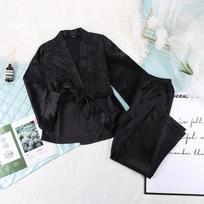 Satin Satin Cardigan Lace Up Chalatas Miegamosios Kelnės Vienspalvis Namų Kostiumas Laisvas Moteriškas Pižama S tamsiai žalia spalva