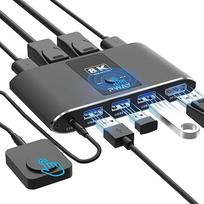8K @ 60Hz Displayport KVM jungiklis, DP 1.4 KVM jungiklis 2 PC 1 monitoriui, 3 prievadų USB 3.0 jungiklis, USB jungikliai klaviatūrai, pelei, spausdintuvui, kietajam diskui