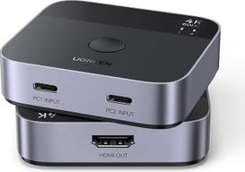 UGREEN 2 in 1 Out Switch 2 USB-C In 1 HDMI Out 4K @ 60Hz 2 PC 1 monitoriaus perjungiklis, Plug & Play, HD garso sinchronizavimas, ESD apsauga Steam Deck/Laptop/Projector ir kt.