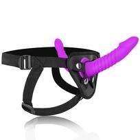 SuperLove Soft Silicone Pegging Dual Dildo Strap-On Harness Purple-Black