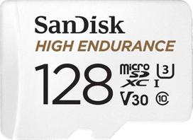 "SanDisk High Endurance microSDXC" atminties kortelė 128GB + adapteris (skirta "Dash Cams" ir privačioms apsaugos kameroms, 100MB/s skaitymo greitis, V30 "Full HD" ir 4K vaizdo įrašams)