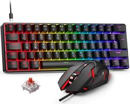 Žaidimų klaviatūros ir pelės rinkinys, 60% QWERTZ išdėstymo mini mechaninė klaviatūra su RGB apšvietimu, raudonais jungikliais, USB-C laidinė, 4 spalvų LED žaidimų pelė, kompaktiškas rinkinys PC Mac Xbox PS5