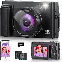 4K 64MP skaitmeninis fotoaparatas su "WiFi", 16x skaitmeninis priartinimas, 180° apverčiamas ekranas, automatinis fokusavimas, vaizdo dienoraščio kamera su asmenuke, "WiFi" kompaktiškas fotoaparatas su 32GB kortele, 2 baterijos pradedantiesiems
